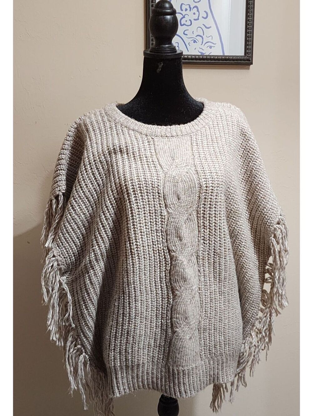 Cupio XL Taupe Knit Poncho Sweater with Fringe Detail NWT
